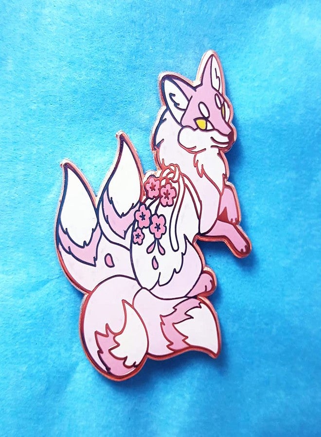 Untitled Pink Four-Tailed Fox Flower Sakura Japanese Enamel Pin Novelty Brooch Buttons Jewelry for Jackets Jeans Backpack Cloth Lapel Bag Hat Gift for Anime Kitsune Lovers Women Girl Boy - Image 3